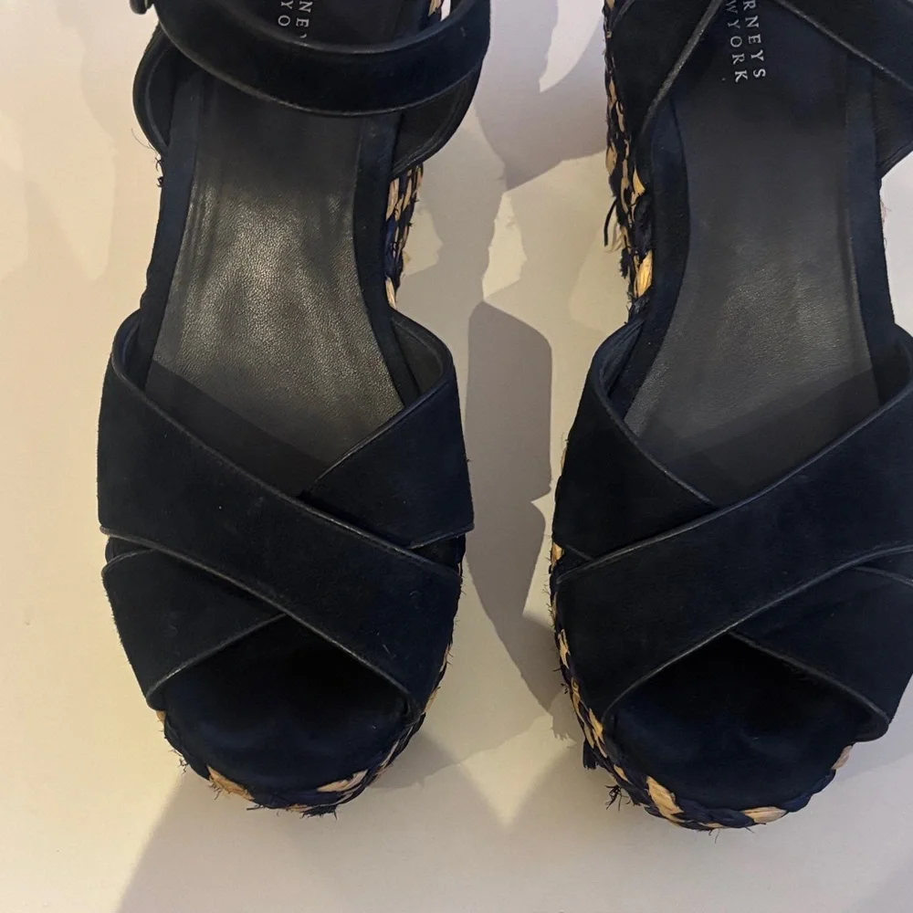 Barneys New York Navy and Beige Espadrille Sandals